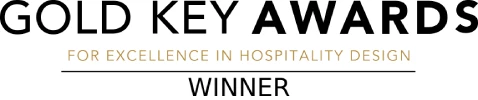 The image shows the "Gold Key Awards for Excellence in Hospitality Design" with the word "WINNER" below it. logo on footer section.