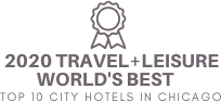 The image shows a badge for "2020 Travel + Leisure World's Best Top 10 City Hotels in Chicago." logo on footer section.