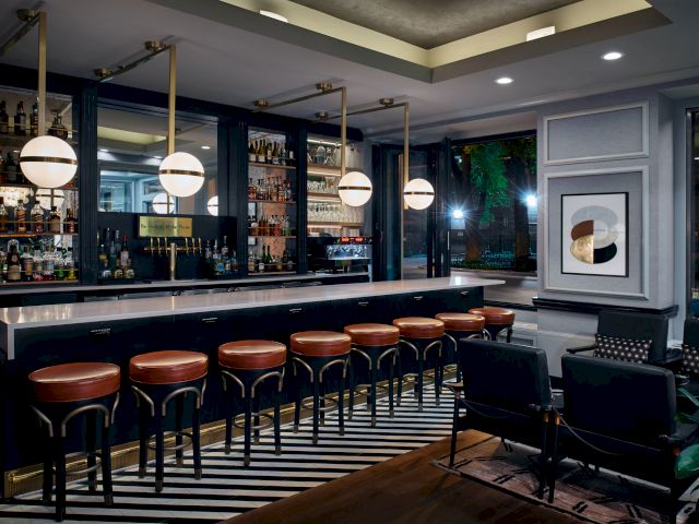 This image shows a stylish bar with a long counter, leather stools, modern lighting, a stocked shelf of bottles, and contemporary wall art.