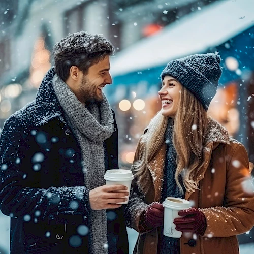 couple enjoying drink in the snow
