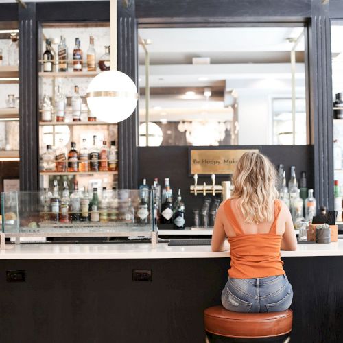 A person sits at a bar counter with a drink, facing shelves of glasses and bottles behind them.